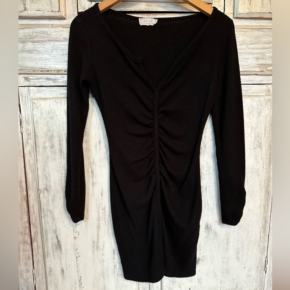 Sage The Label Long Sleeve Black Mini Dress with Ruched Detail, GUC, Medium